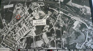 Aerial photo of Auschwitz-Birkenau concentration camp where the storage buildings of valuables stolen from Jewish prisoners were called "Canada" warehouses.