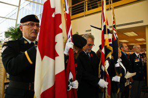Branch 617 (Dambusters) Royal Canadian Legion colour party during Nov. 11 observance at Centennial College in East York.