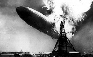 German zeppelin "Hindenburg" bursts into flame at Lakehurst, N.J., in May 1937.