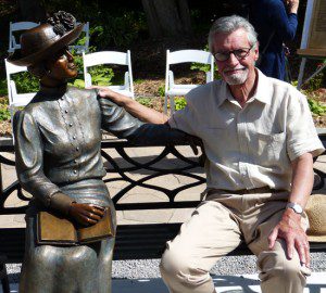 Most comfortable seated next to Maud's sculpture is the artist who created it - Wynn Walters.