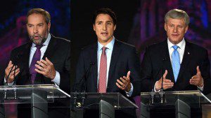 L-R Tom Mulcair, Justin Trudeau and Stephen Harper in federal leaders' debate, Sept. 17, 2015 (photo Canadian Press).