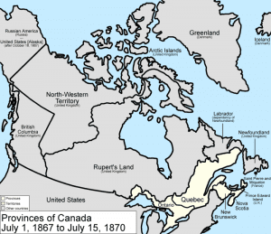 Canada in 1867 consisted of four provinces on the eastern half of the continent.