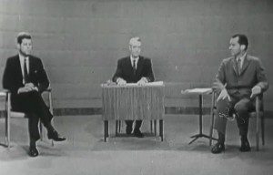 Considered the original leaders debate, this encounter with John F. Kennedy (l), Howard K. Smith (moderator) and Richard M. Nixon (r) made the difference in JFK's election as president.