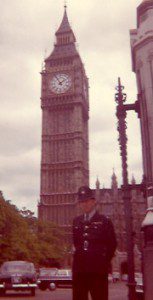British police officer next to Big Ben, 1964.