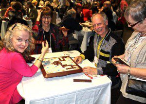 Scrabble With The Stars competitors (l-r) Charlotte Moore, Dorcas Beaton and Alan Gotlib. Photo from Performing Arts Lodges, Toronto. April 25, 2016.