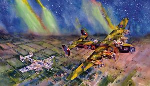 Painting captures moment LQM for Mother bomber is under attack - July 25, 1943.