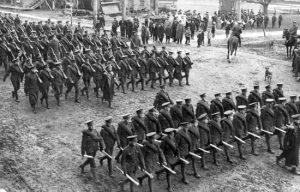 Col. Sam Sharpe (on horseback at right) reviews 116th Ontario County Regiment in Uxbridge in 1916.
